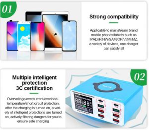 شارژر هاب و تستر 8 پورت و وایرلس شارژ هوشمند ریلایف | hub charger 8 port and tester and wireless smart charging Relife RL-304S-توضیحات