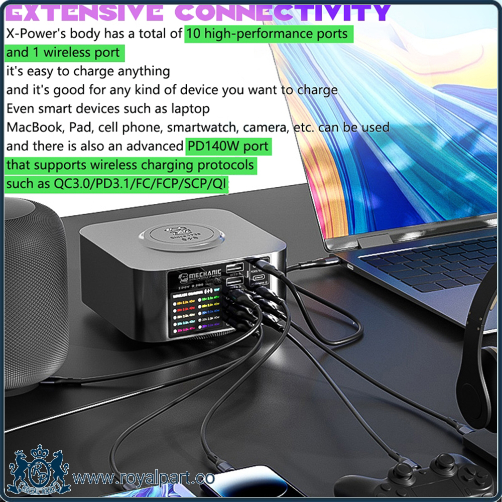 شارژر هاب و تستر 10 پورت فست و وایرلس شارژ هوشمند مکانیک | hub charger 10 port and tester charging fast and wireless smart charging mechanic X Power Plus-3 شارژر هاب و تستر 10 پورت فست و وایرلس شارژ هوشمند مکانیک | hub charger 10 port and tester charging fast and wireless smart charging mechanic X Power Plus-3